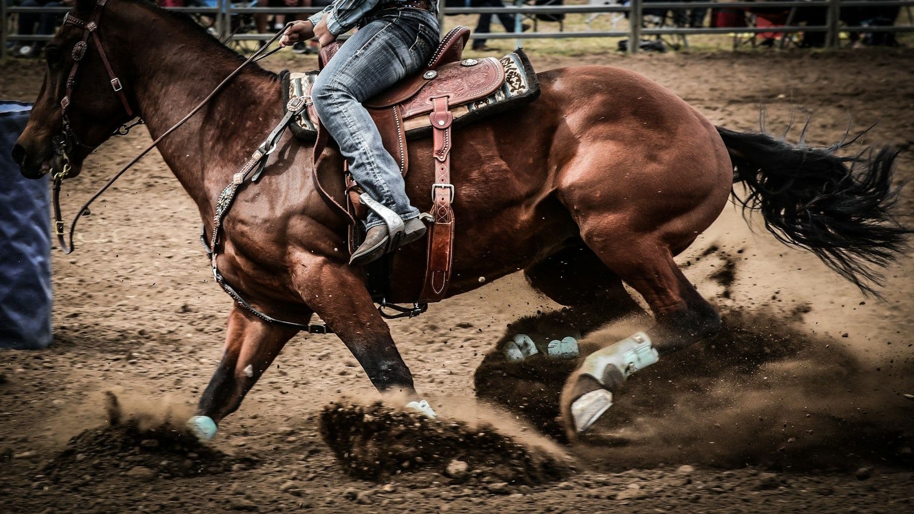 A reining horse in a sliding stop with the rider sitting deep, a red ring drawn around the rider's inside stirrup.